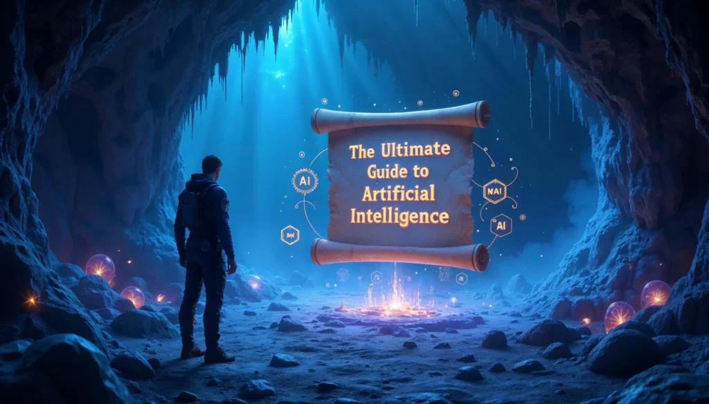 Explorador en una cueva iluminada con un pergamino flotante que dice "10 Preguntas Más Comunes sobre IA", rodeado de símbolos de inteligencia artificial.