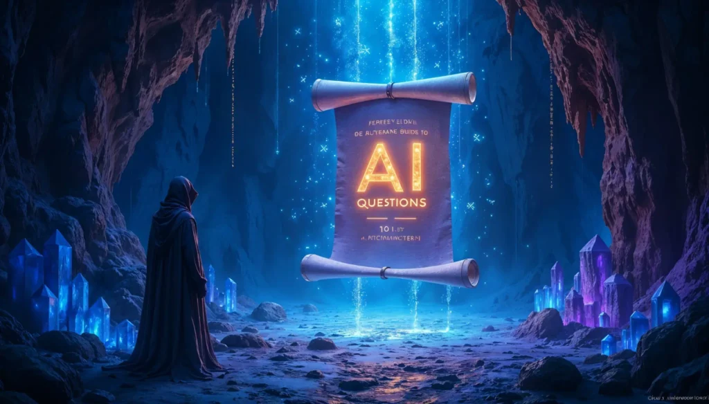 Imagen de un pergamino flotante iluminado en una cueva mágica, con el título "10 Preguntas Más Comunes sobre IA".