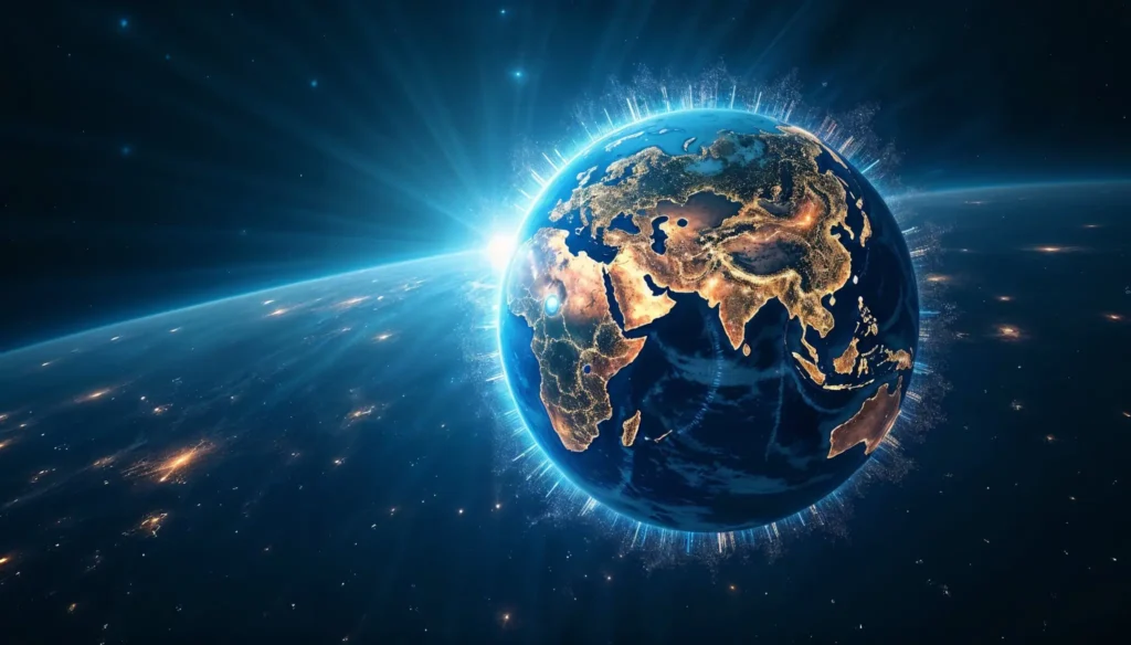 Vista de la Tierra desde el espacio con luces digitales, representando la conexión global de la inteligencia artificial. Relacionado con 10 Preguntas Más Comunes sobre IA.