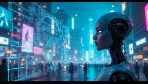 Imagen cinematográfica de un androide futurista observando un holograma digital en una ciudad cyberpunk iluminada por neones. Representación visual del impacto de la IA en la cultura pop.