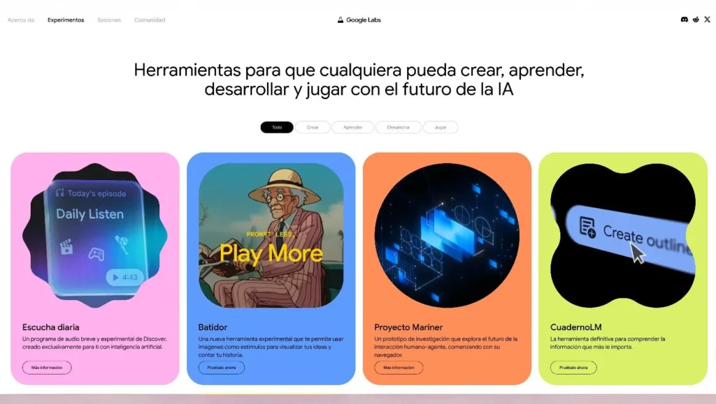Google Labs AI Experiments con herramientas innovadoras para Enseñar IA de forma interactiva y práctica.