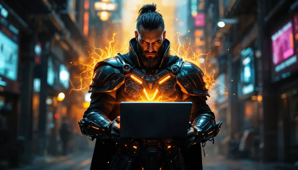 Guerrero futurista con armadura de neón sosteniendo un portátil con energía mágica en una ciudad tecnológica, representando el poder del Procesamiento de Lenguaje Natural con IA.