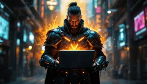 Guerrero futurista con armadura de neón sosteniendo un portátil con energía mágica en una ciudad tecnológica, representando el poder del Procesamiento de Lenguaje Natural con IA.