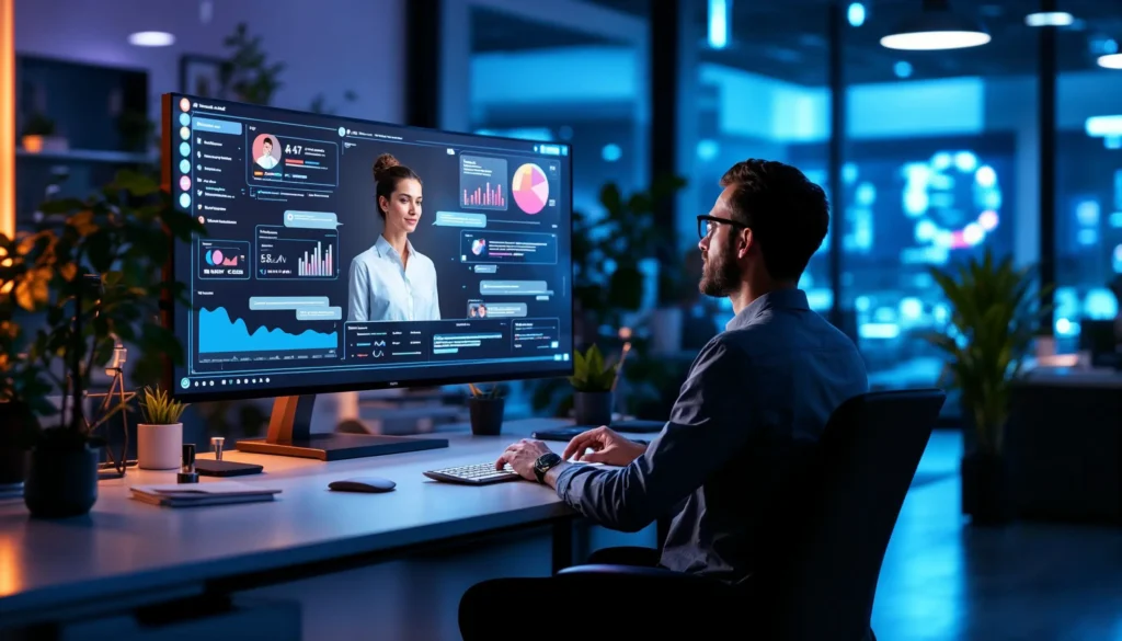 Asistente virtual con inteligencia artificial ayudando a un trabajador en una oficina con Procesamiento de Lenguaje Natural con IA.