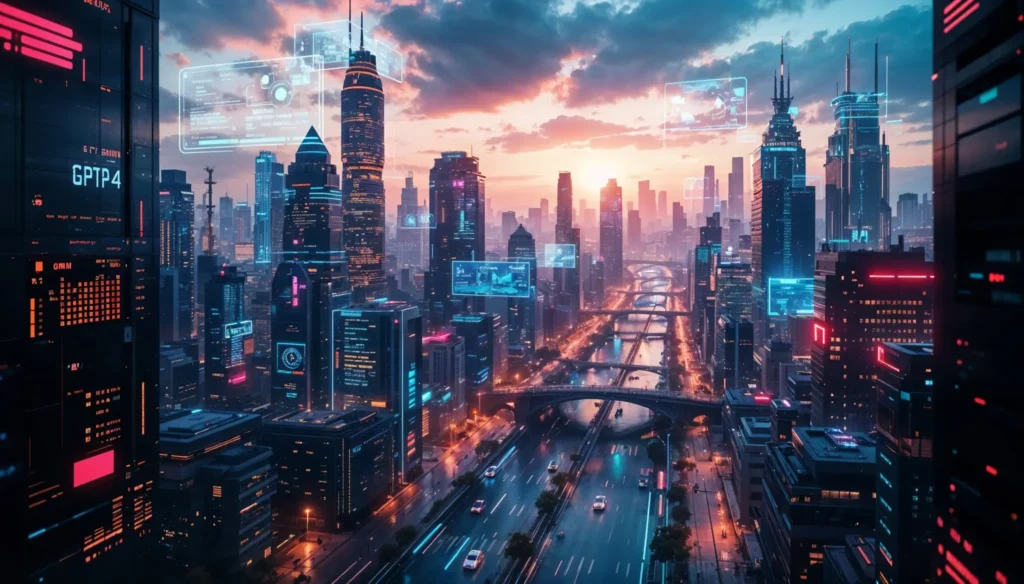 Ilustración cinematográfica de una ciudad futurista con hologramas de inteligencia artificial y sistemas de Procesamiento de Lenguaje Natural con IA.