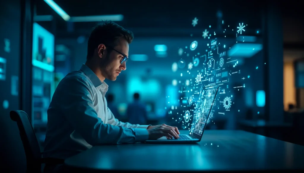 Proyectos básicos de IA aplicados a negocios: Empresario trabajando con inteligencia artificial en su laptop