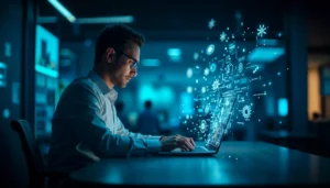 Proyectos básicos de IA aplicados a negocios: Empresario trabajando con inteligencia artificial en su laptop