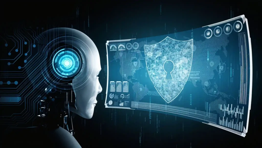 Representación visual de los avances en IA en ciberseguridad, con un robot analizando datos y protegiendo información digital.