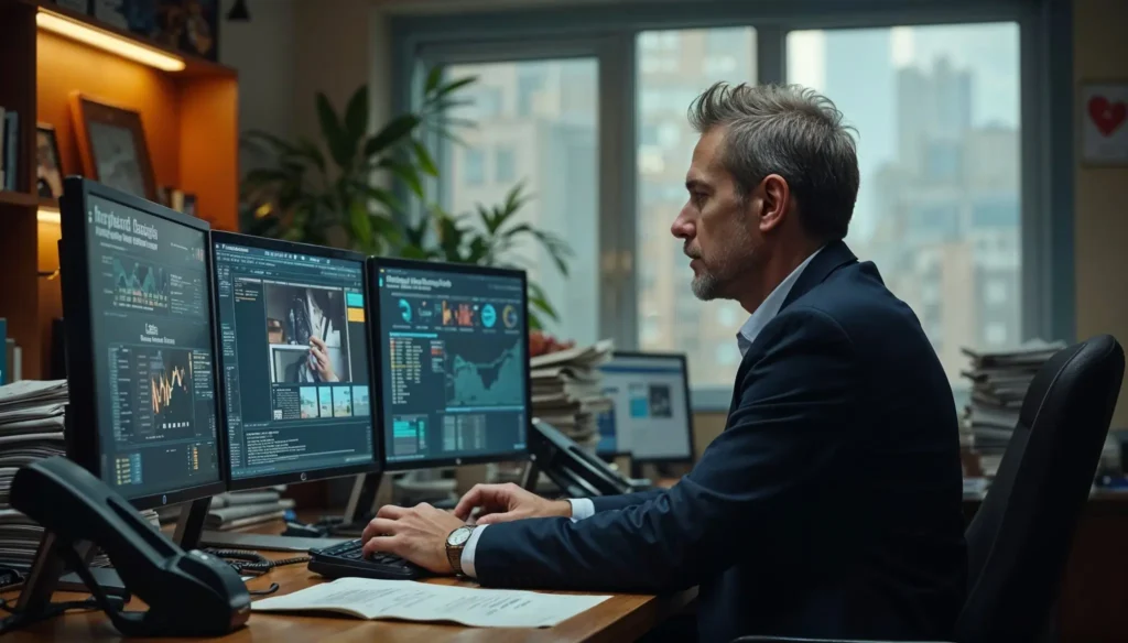 Profesional analizando datos en múltiples pantallas con herramientas de inteligencia artificial, representando los avances en IA en el sector empresarial.