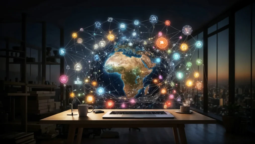 Representación visual de los avances en IA con una red global interconectada emergiendo desde un escritorio, simbolizando la expansión de la inteligencia artificial en el mundo.