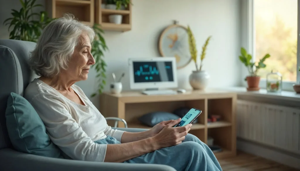 Mujer mayor usando un dispositivo móvil para monitoreo de salud, con tecnología basada en avances en IA para el cuidado remoto.