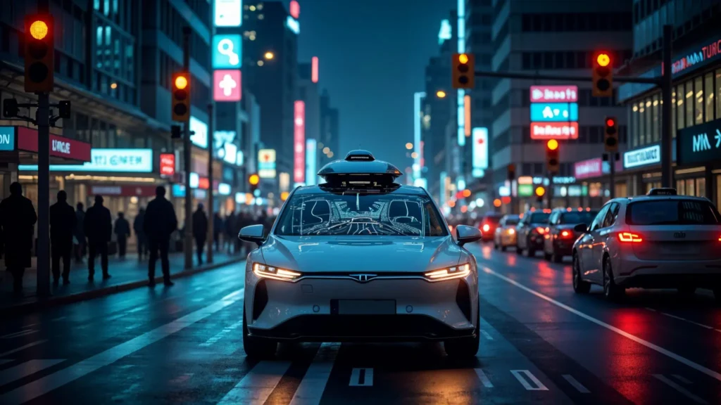 Vehículo autónomo circulando por una ciudad iluminada, destacando los avances en IA aplicados a la movilidad inteligente.