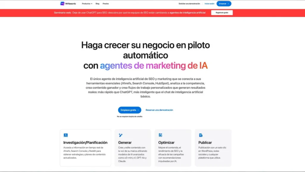 Página web mostrando herramientas de IA en Marketing de Contenidos, con opciones para automatización, optimización y publicación de contenido digital.
