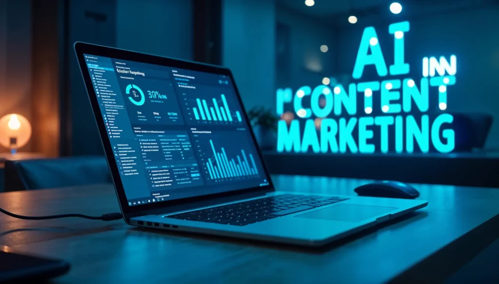 Laptop en un escritorio moderno mostrando un panel de IA en Marketing de Contenidos, con gráficos de datos y la frase "IA en Marketing de Contenidos" iluminada en el fondo.