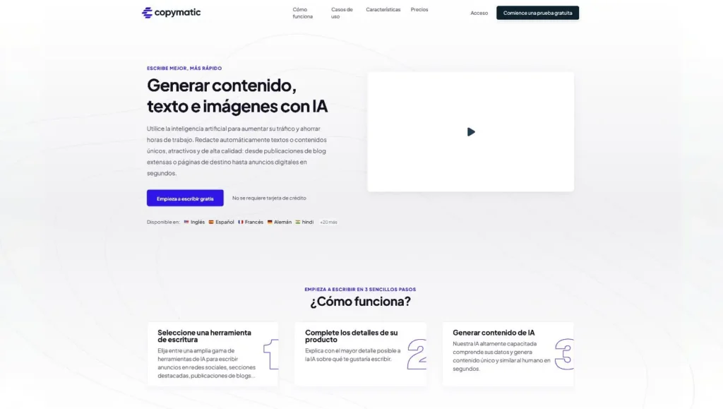 Plataforma de generación de contenido con IA en Marketing de Contenidos, mostrando herramientas para automatización, optimización y creación de textos e imágenes.