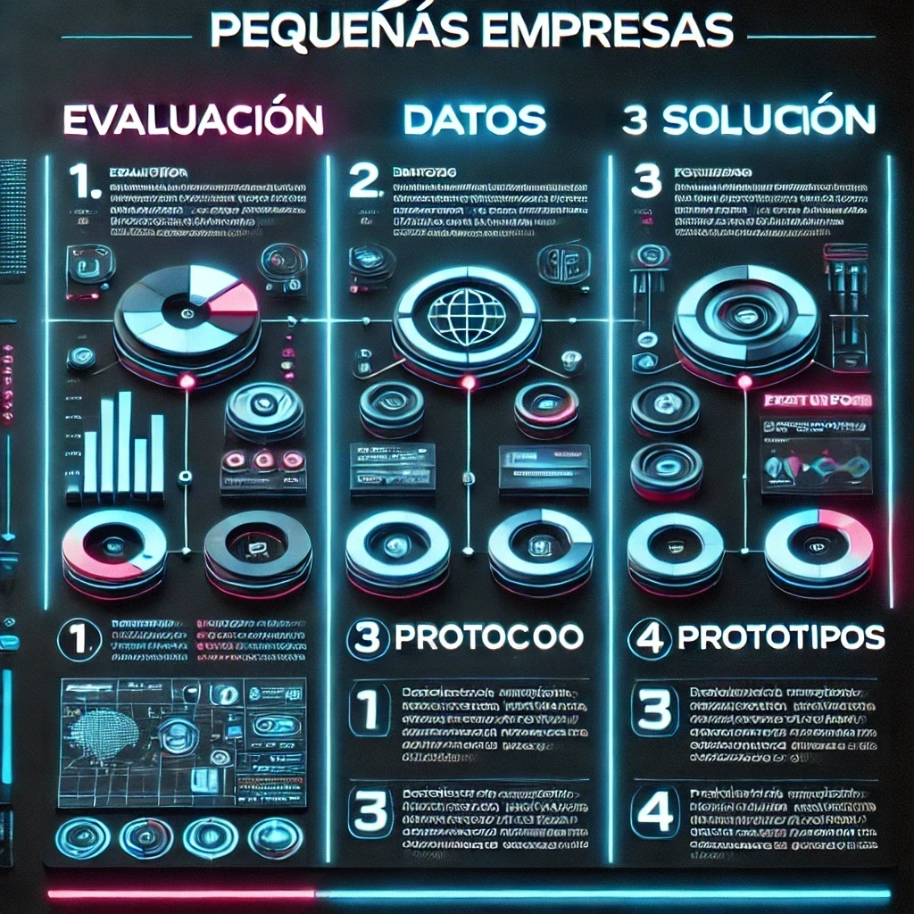 "Infografía futurista en español sobre los pasos de implementación de IA para pequeñas empresas. Incluye secciones de evaluación, datos, solución y prototipos."
