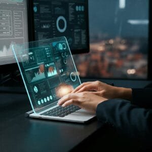 "Pantalla de ordenador con gráficos y datos generados por inteligencia artificial de Gemini en un entorno profesional."