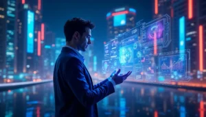 Persona interactuando con herramientas de Marketing con IA Gratuita, explorando soluciones digitales para automatización y contenido.