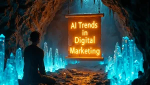 Pergamino flotante con letras brillantes que dice "Tendencias de IA en Marketing Digital" en una cueva iluminada por cristales azules, representando el descubrimiento del conocimiento en marketing con inteligencia artificial.