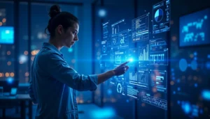 Profesional interactuando con una interfaz digital avanzada como parte de la transformación digital con IA en un entorno empresarial moderno.
