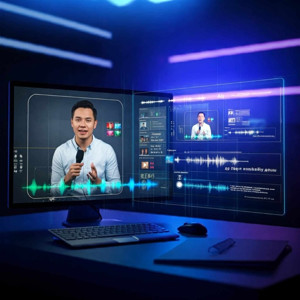 "Sistema avanzado de IA traduciendo y doblando videos para la creación de avatares digitales con IA en un estudio dinámico de edición de video."