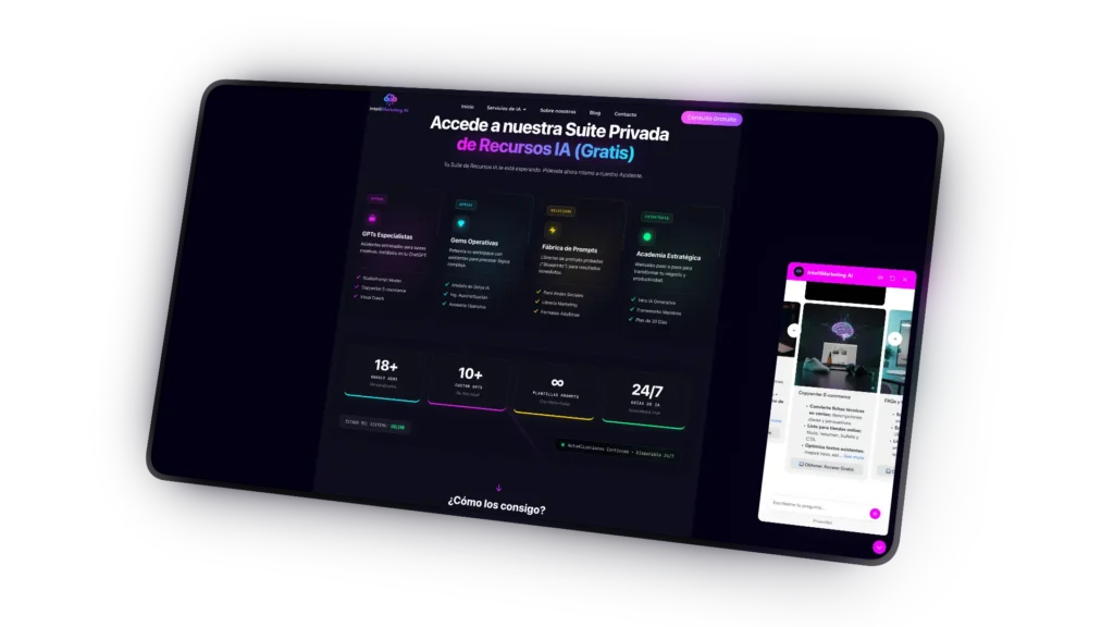 Panel holográfico de Agencia de IA mostrando suite de recursos, Gems y GPTs para estrategia de negocio.