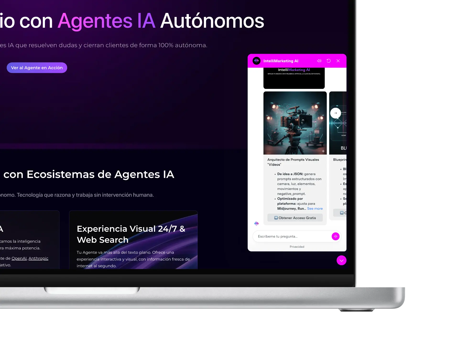 Interfaz de Agentes IA Autónomos en MacBook Pro mostrando chat de automatización y carrusel de herramientas personalizadas.