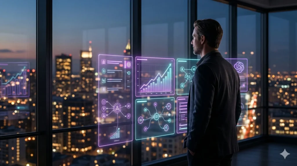 Consultoría estratégica de inteligencia artificial para pymes con visualización de datos holográficos.